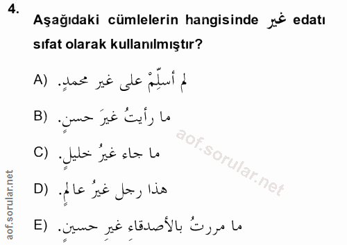 4. soru: Aşağıdaki cümlelerin hangisinde jo edatı sıfat olarak kullanılmıştır? لم أسلِمْ على غير محمدٍ. (A ما رأيتُ غيرَ حسنٍ.…