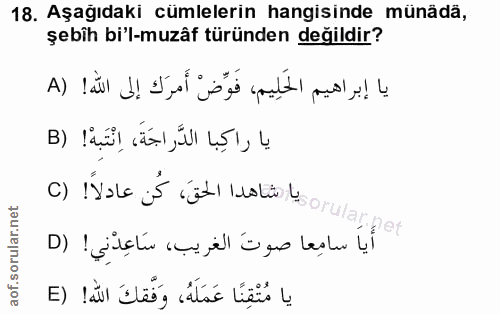 18. soru: Aşağıdaki cümlelerin hangisinde münädä, şebîh bi'l-muzâf türünden değildir? يا إبراهيم الحَلِيم، فَوِّض أَمرَك إلى ال…