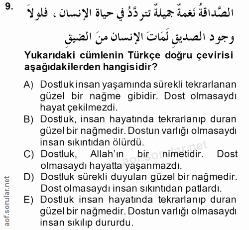9. soru: Yukarıdaki cümlenin Türkçe doğru çevirisi aşağıdakilerden hangisidir? A) Dostluk insan yaşamında sürekli tekrarlanan…