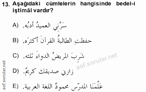 13. soru: Aşağıdaki cümlelerin hangisinde bedel-i iştimâl vardır? سَرَّنِي العميدُ أدبُه. (A حفظتِ الطالبةُ القرآنَ أكثرَه. (B…