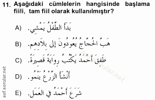 11. soru: Aşağıdaki cümlelerin hangisinde başlama fiili, tam fiil olarak kullanılmıştır? بَدَأَ الطَّفْلُ يَمْشِي. (A هَبّ الْح…