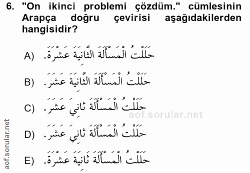 6. soru: "On ikinci problemi çözdüm." cümlesinin Arapça dogru çevirisi aşağıdakilerden hangisidir? حَلَلْتُ الْمَسْأَلَةَ الثّ…