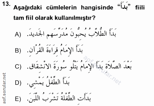 13. soru: Aşağıdaki cümlelerin hangisinde "fu" fiili tam fiil olarak kullanılmıştır? بَدَأَ الطُّلاَّبُ يُحِبُّونَ مُدَرِّسَهم…