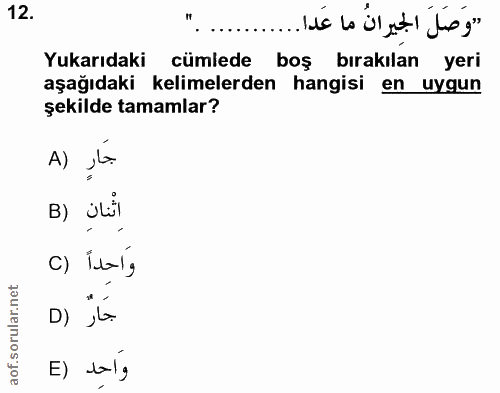 12. soru: "وَصَلَ الجيرانُ ما عَدا............" Yukarıdaki cümlede boş bırakılan yeri aşağıdaki kelimelerden hangisi en uygun ş…