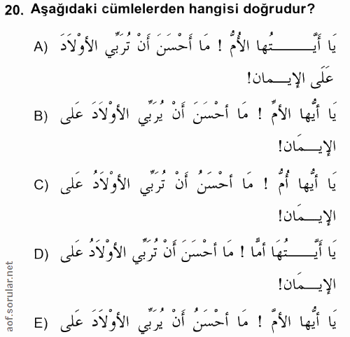 20. soru: Aşağıdaki cümlelerden hangisi doğrudur? يَا أَيْتُها الأُمُّ ! مَا أَحْسَنَ أَنْ تُرَبِّي الأَوْلَاَدَ (A عَلَى الإيم…