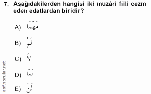 7. soru: Aşağıdakilerden hangisi iki muzâri fiili cezm eden edalardan biridir? A) Lazo B) c) Y D) Lal E) لَنْ