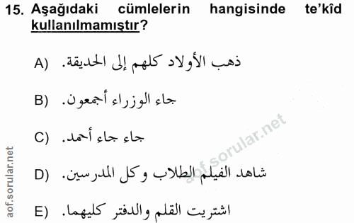 15. soru: Aşağıdaki cümlelerin hangisinde te'kid kullanılmamıştır? ذهب الأولاد كلهم إلى الحديقة. (A جاء الوزراء أجمعون. (B جاء…