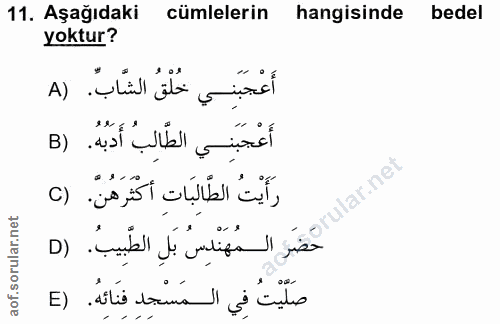 11. soru: Aşağıdaki cümlelerin hangisinde bedel yoktur? أَعْجَبَنِي خُلْقُ الشَّابّ. (A أَعْجَبَنِي الطَّالِبُ أَدَبُهُ. (B رَأ…