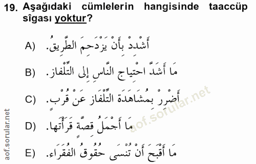 19. soru: Aşağıdaki cümlelerin hangisinde taaccüp sîgası yoktur? أَشْدِدْ بِأَنْ يَزْدَحِمَ الطِّرِيقُ. (A مَا أَشَدّ احْتِياج…