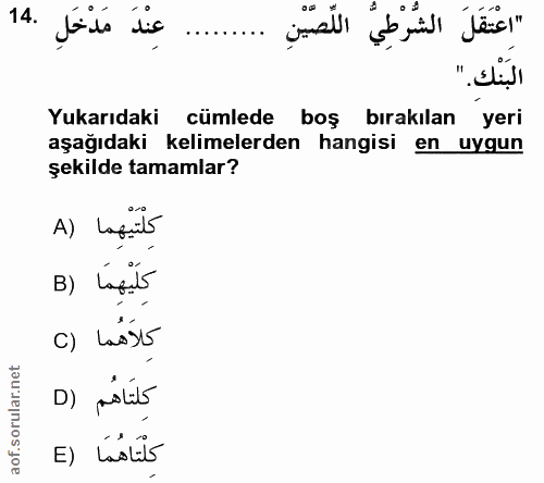 14. soru: "اعْتَقَلَ الشُّرْطِيُّ اللّصّيْنِ ........ عِنْدَ مَدْخَلِ .14 البَنْك." Yukarıdaki cümlede boş bırakılan yeri aşağı…