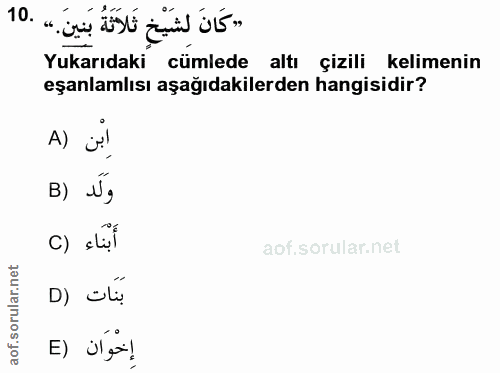 10. soru: "كَانَ لِشَيْخِ ثَلاَثَةُ بَنينَ.» .10 Yukarıdaki cümlede altı çizili kelimenin eşanlamlısı aşağıdakilerden hangisidi…