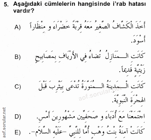 5. soru: Aşağıdaki cümlelerin hangisinde i'rab hatası vardır? أَخَذَ الْكَشَّافُ الصَّغِيرُ مَعَهُ قِرْبَةً خَضْرَاءَ و مِنْظَ…