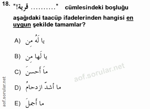 18. soru: "Id ....." cümlesindeki boşluğu aşağıdaki taacüp ifadelerinden hangisi en uygun şekilde tamamlar? يا لَهُ مِن (A يا ل…