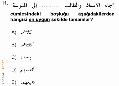 11. soru: إلى المدرسة» .11 "جاء الأستاذ والطالب ......... cümlesindeki | boşluğu aşağıdakilerden hangisi en uygun şekilde tamam…