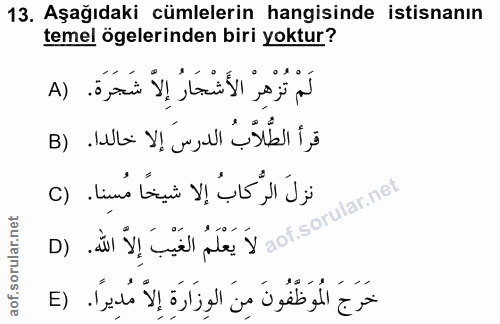 13. soru: Aşağıdaki cümlelerin hangisinde istisnanın temel ögelerinden biri yoktur? لَمْ تُزْهِر الأَشْجَارُ إِلا شَجَرَة. (A ق…