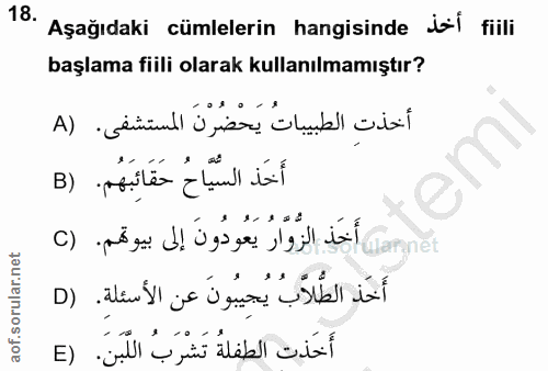 18. soru: Aşağıdaki cümlelerin hangisinde iai filli başlama fiili olarak kullanılmamıştır? أخذتِ الطبيباتُ يَحْضُرْنَ المستشفى.…