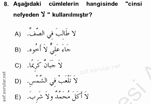8. soru: Aşağıdaki cümlelerin hangisinde "cinsi nefyeden У " kullanılmıştır? لا طَالِبَ فِي الصَّفّ. (A جَاءَ عَلِيُّ لاَ أَخُ…