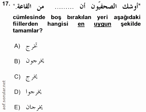 17. soru: من القاعة. " .17 'أوشك الصحفيّون أن cümlesinde boş bırakılan yeri aşağıdaki fiillerden hangisi en uygun şekilde tamam…
