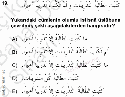 19. soru: Yukarıdaki cümlenin olumlu istisnâ üslûbuna çevrilmiş şekli aşağıdakilerden hangisidir?