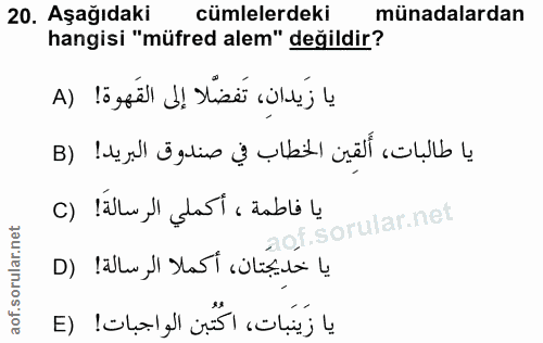 20. soru: Aşağıdaki cümlelerdeki münadalardan hangisi "müfred alem" değildir? يا زَيدانِ، تَفضّلا إلى القَهوة! (A يا طالبات، أَ…
