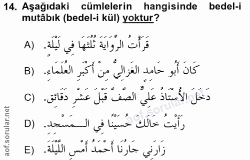 14. soru: Aşağıdaki cümlelerin hangisinde bedel-i mutâbık (bedel-i kül) yoktur? قَرَأْتُ الرِّوَايَةَ ثُلْثَهَا فِي لَيْلَةٍ. (…