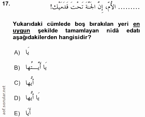 17. soru: Yukarıdaki cümlede boş bırakılan yeri en uygun şekilde tamamlayan nidâ edatı aşağıdakilerden hangisidir? A) B) G= 1!…