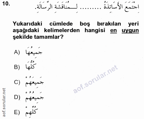 10. soru: ...... لِمُنَاقَشَةِ الرَّسَالَةِ. اجْتَمَعَ الأَسَاتِذَةُ Yukarıdaki cümlede boş birakılan yeri aşağıdaki kelimelerd…