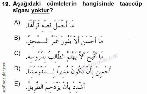 19. soru: Aşağıdaki cümlelerin hangisinde taaccüp sîgası yoktur? A) مَا أَجْمَلُ قِصَّةٍ قَرَأْتُهُا. B) مَا أَحْسَنَ أَلَّ يَف…