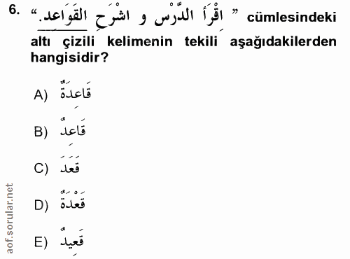 6. soru: "elsel zil, uyli ği"cümlesindeki altı çizili kelimenin tekili aşağıdakilerden hangisidir? A) ÖJELí B) iclé c) tes D)…