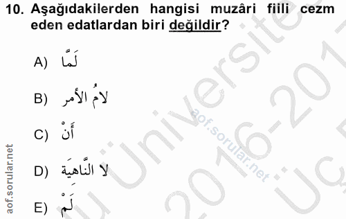 10. soru: Aşağıdakilerden hangisi muzâri fiili cezm eden edalardan biri değildir? A) La B) „SI py c) jí D) áçalı y larnet E) N