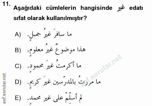 11. soru: Aşağıdaki cümlelerin hangisinde jå edatı sıfat olarak kullanılmıştır? ما سافرَ غيرُ جمبلٍ. (A هذا موضوع غير معلومٍ. (…