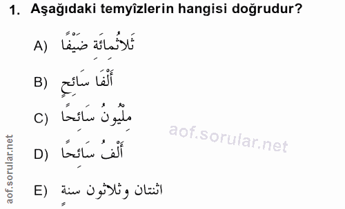 1. soru: Aşağıdaki temyîzlerin hangisi doğrudur? ثَلاثُمائَة ضَيْفًا (A أَلْفَا سَائِحِ (B ملّيُونُ سَائحًا (C أَلْفُ سَائِحًا…