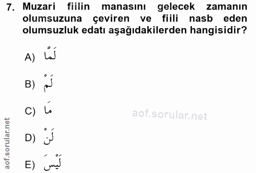 7. soru: Muzari fiilin manasını gelecek zamanın olumsuzuna çeviren ve fiili nasb eden olumsuzluk edatı aşağıdakilerden hangisi…