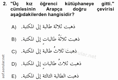 2. soru: "Uç kız öğrenci kütüphaneye gitti." cümlesinin Arapça doğru çevirisi aşağıdakilerden hangisidir?