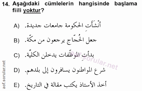 14. soru: Aşağıdaki cümlelerin hangisinde başlama fiili yoktur? أنشَأَت الحكومة جامعات جديدة. (A جعل الحُجّاج يرجعون من مكّة. (…