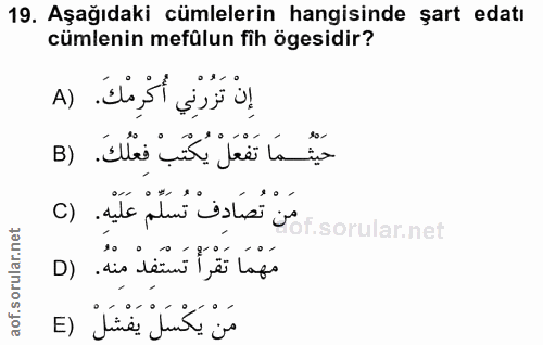 19. soru: Aşağıdaki cümlelerin hangisinde şart edatı cümlenin mefülun fih ögesidir? إِنْ تَزُرْنِي أُكْرِمْكَ. (A حَيْثُمَا تَف…