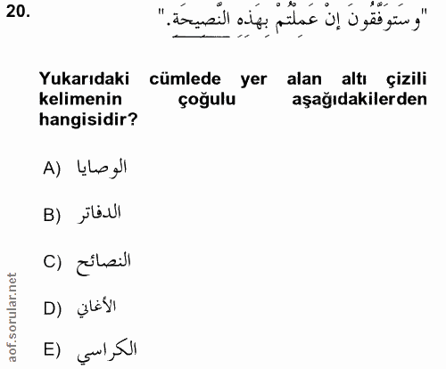 20. soru: "وَسَتَوَفَقُونَ إِنْ عَمِلْتُمْ بِهَذِهِ النَّصِيحَةِ." Yukarıdaki cümlede yer alan altı çizili kelimenin çoğulu aşa…