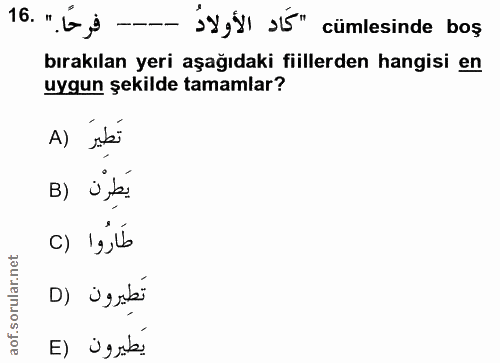 16. soru: " L$ - jY,I) JÍ" cümlesinde boş bırakılan yeri aşağıdaki fiillerden hangisi en uygun şekilde tamamlar? A) sbs B) ü b.…
