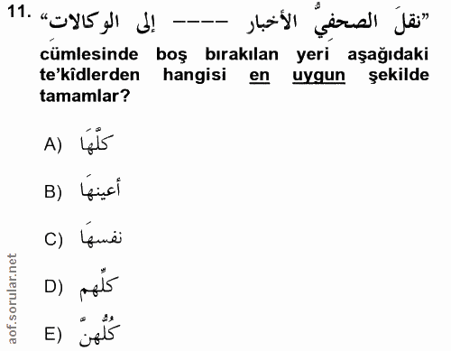 11. soru: «نقلَ الصحفِيُّ الأخبار ---- إلى الوكالاتِ» .11 cümlesinde boş bırakılan yeri aşağıdaki te'kîdlerden hangisi en uygun…