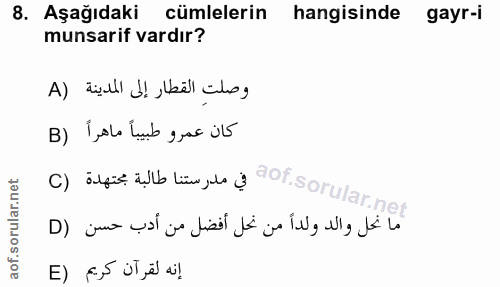 8. soru: Aşağıdaki cümlelerin hangisinde gayr-i munsarif vardır? وصلتِ القطار إلى المدينة (A كان عمرو طبيباً ماهراً (B C) atfi…