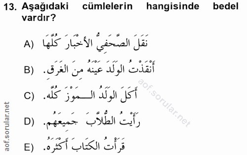 13. soru: Aşağıdaki cümlelerin hangisinde bedel vardır? نَقَلَ الصَّحَفِيُّ الأخْبَارَ كُلَّهَا (A أَنْقَذْتُ الوَلَدَ عَيْنَهُ…