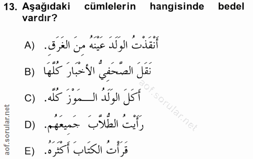 13. soru: Aşağıdaki cümlelerin hangisinde bedel vardır? أَنْقَذْتُ الوَلَدَ عَيْنَهُ مِنَ الغَرَقِ. (A نَقَلَ الصّحَفِيُّ الأخْ…