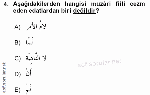 4. soru: Aşağıdakilerden hangisi muzâri fiili cezm eden edalardan biri değildir? A) B) La c) aolll y E)