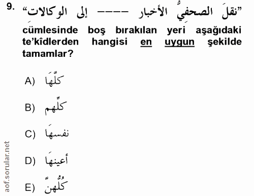 9. soru: "نقلَ الصحفِيُّ الأخبار - إلى الوكالاتِ» .9 cümlesinde boş bırakılan yeri aşağıdaki te'kîdlerden hangisi en uygun şek…