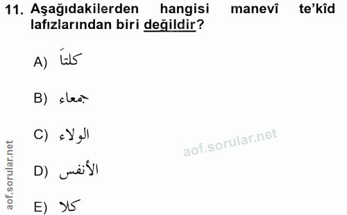 11. soru: Aşağıdakilerden hangisi manevî te'kid lafızlarından biri değildir? A) L5 B) çleo. الولاء (C D) juëi SI E) 15