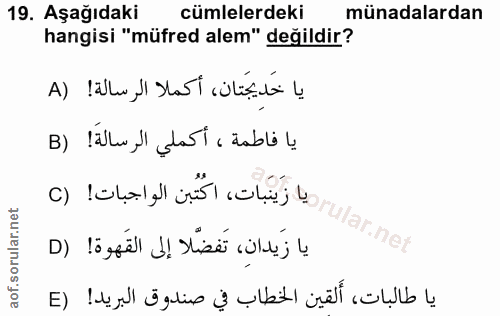 19. soru: Aşağıdaki cümlelerdeki münadalardan hangisi "müfred alem" değildir? A) lalla, l Stari culiçil le B) l'alla "'gloi, ta…