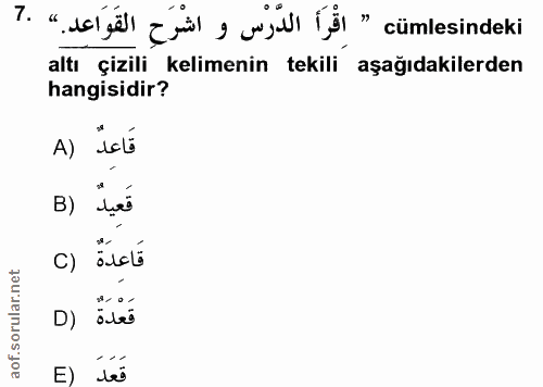 7. soru: "dale zl, wi (l" cümlesindeki altı çizili kelimenin tekili aşağıdakilerden hangisidir? A) iclé B) Lạt C) D) قعدة E) tés