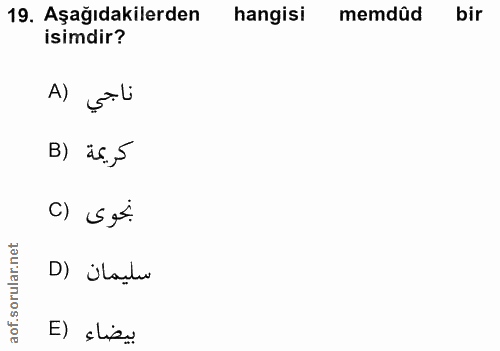 19. soru: Aşağıdakilerden hangisi memdûd bir isimdir? A) çali B) is.,5 c) Sg' D) Ülanler E) elisu