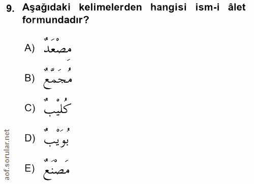 9. soru: Aşağıdaki kelimelerden hangisi ism-i âlet formundadır? A) tase ea - e B) ą car كُليْبٌ () D) بُوَيْبٌ E) gise