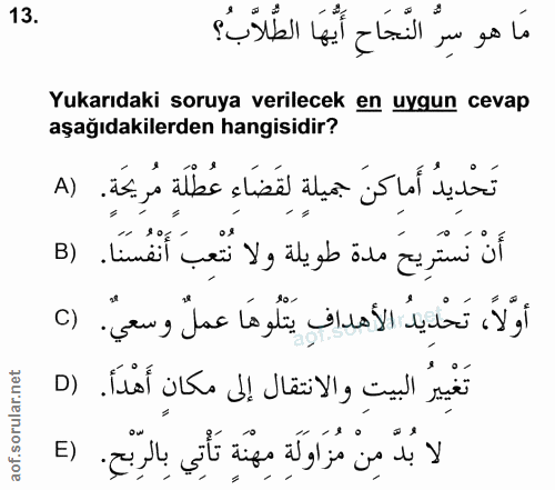 13. soru: مَا هو سِرُّ النَّجَاحِ أَيُّهَا الطُّلاَّبُ؟ Yukarıdaki soruya verilecek en uygun cevap aşağıdakilerden hangisidir?…